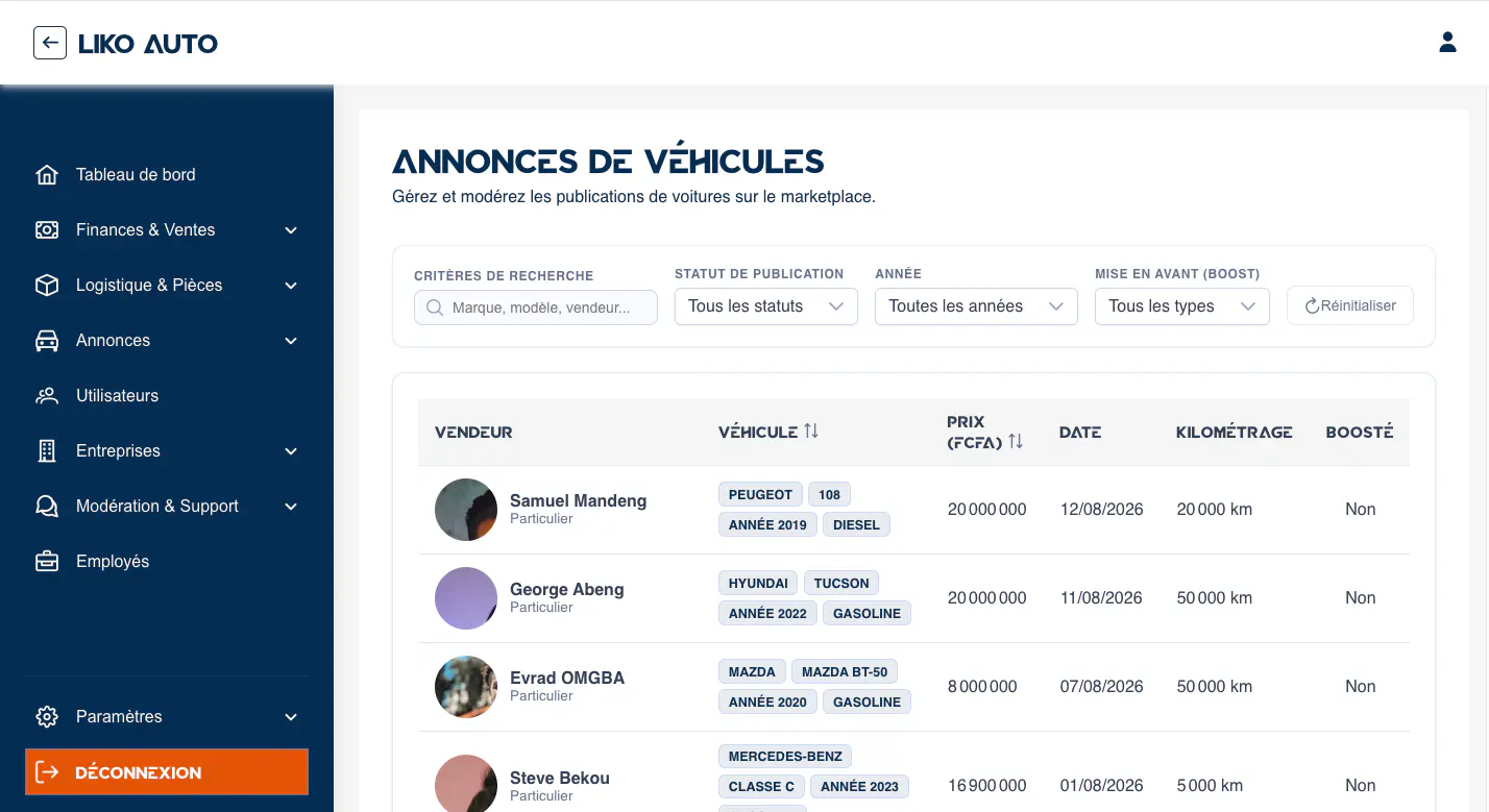 Espace Administration & Dashboard Liko Auto